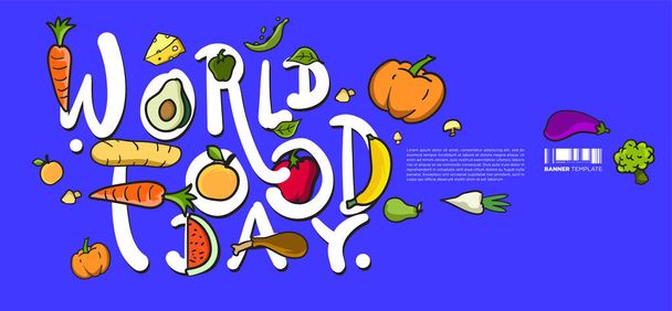 Всемирный день продовольствия Векторная иллюстрация различных продуктов питания, фруктов и овощей. Векторная разноцветная лапша для Озила, Пейджа, Баннера, Плаката, Печати, Истории. - Вектор
 - Вектор,изображение