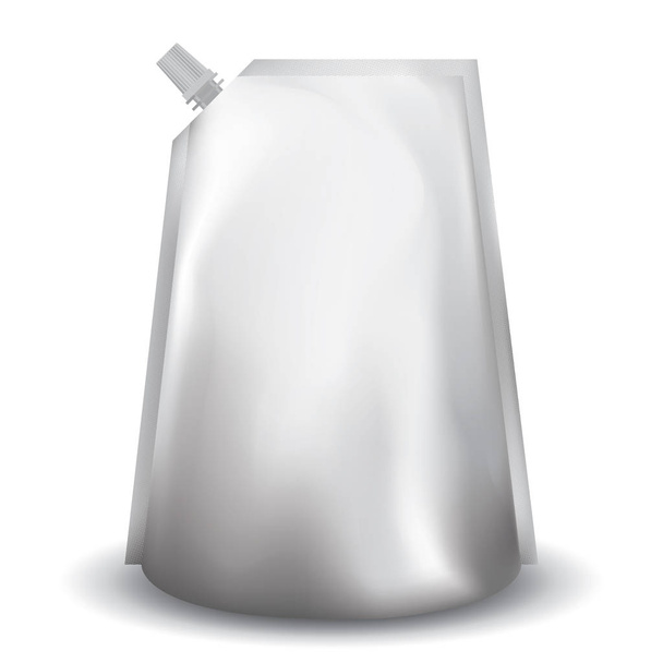 Bustina bianca confezione in plastica con tappo per alimenti o bevande e liquido isolato su fondo bianco
. - Vettoriali, immagini