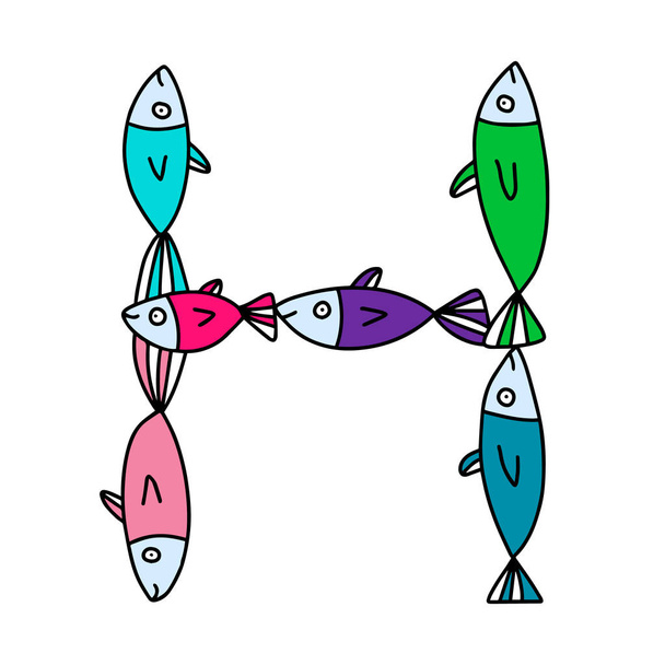 H letter hand getekend vector illustratie sardines vorm in cartoon stijl - Vector, afbeelding