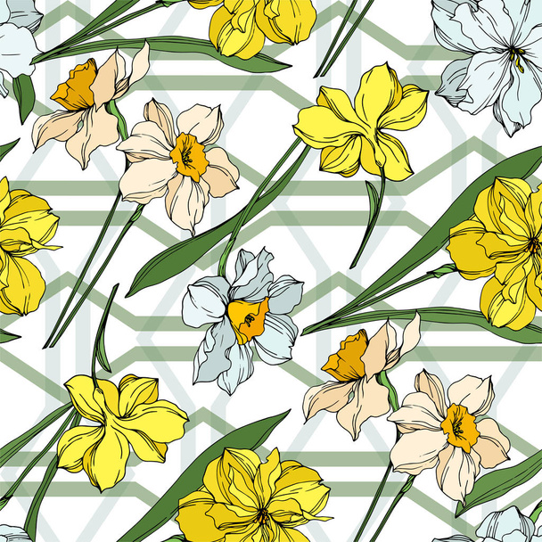 Vector Narcissus floral botanical flowers. Black and white engraved ink art. Seamless background pattern. - Διάνυσμα, εικόνα