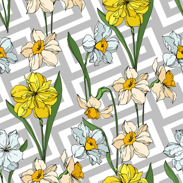 Vector Narcissus floral botanical flowers. Black and white engraved ink art. Seamless background pattern. - Vector, imagen