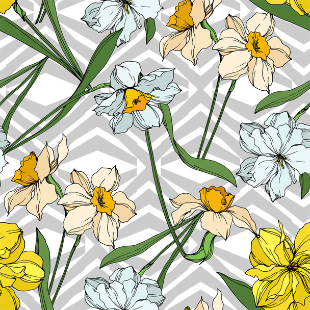Vector Narcissus floral botanical flowers. Black and white engraved ink art. Seamless background pattern. - Vektori, kuva
