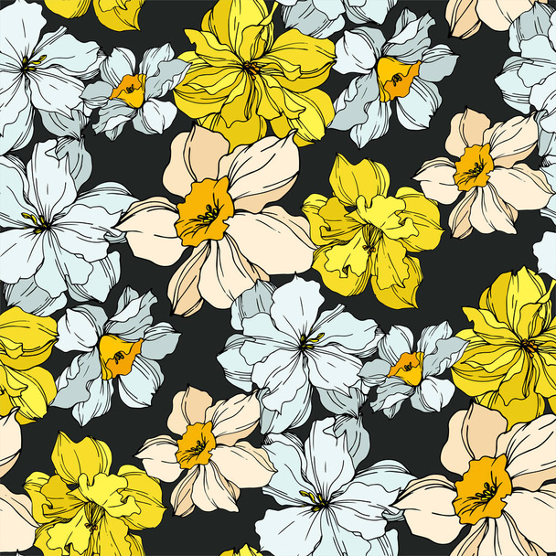 Vector Narcissus floral botanical flowers. Black and white engraved ink art. Seamless background pattern. - Вектор,изображение