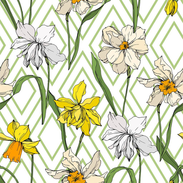 Vector Narcissus floral botanical flowers. Black and white engraved ink art. Seamless background pattern. - Vektör, Görsel