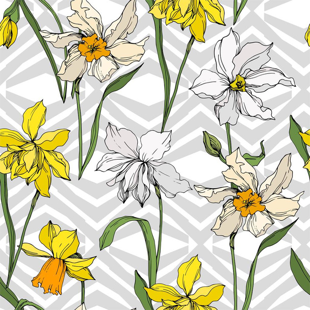 Vector Narcissus floral botanical flowers. Black and white engraved ink art. Seamless background pattern. - ベクター画像