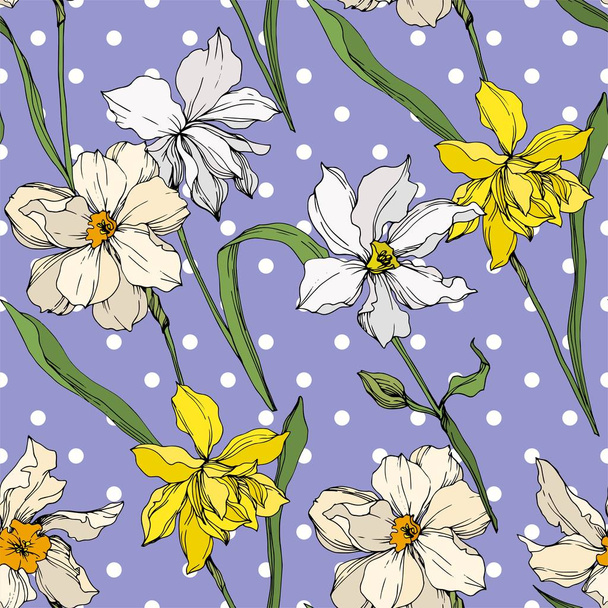 Vector Narcissus flores botánicas florales. Tinta grabada en blanco y negro. Patrón de fondo sin costuras
. - Vector, Imagen