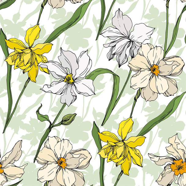 ベクトルナルキッソス花植物の花 野生の春の葉の野生の花が孤立しました 黒と白の彫刻インクアート シームレスな背景パターン ファブリック壁紙プリントテクスチャ ロイヤリティフリーのベクターグラフィック画像