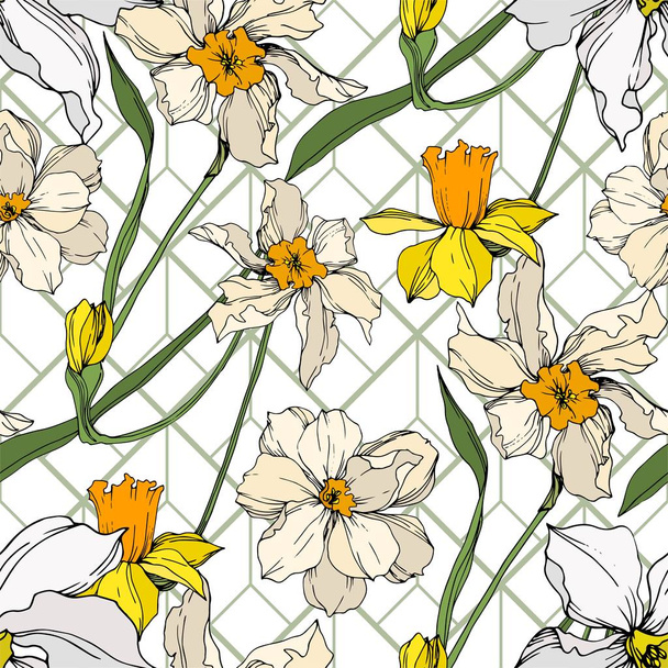 Vector Narcissus floral botanical flowers. Black and white engraved ink art. Seamless background pattern. - Вектор, зображення