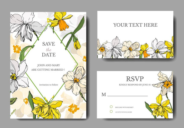 Vector Narcissus floral botanical flowers. Black and white engraved ink art. Wedding background card decorative border. - Vektori, kuva