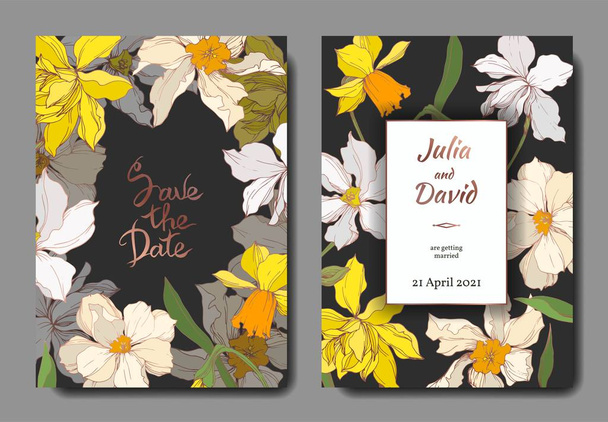 Vector Narcissus floral botanical flowers. Black and white engraved ink art. Wedding background card decorative border. - ベクター画像