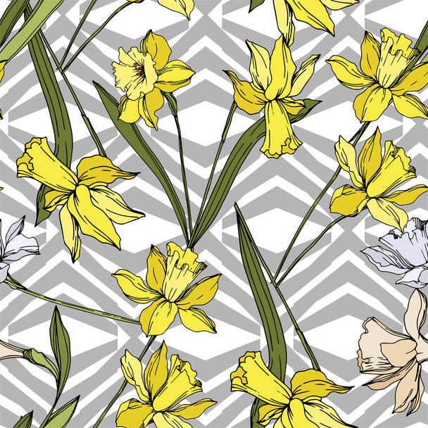 Vector Narcissus floral botanical flowers. Black and white engraved ink art. Seamless background pattern. - Vektor, kép