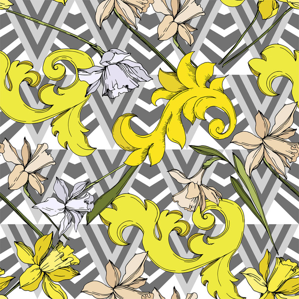 Vector Narcissus floral botanical flowers. Black and white engraved ink art. Seamless background pattern. - Vecteur, image