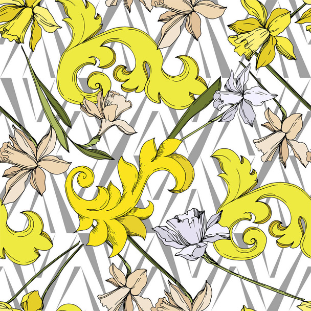 Vector Narcissus floral botanical flowers. Black and white engraved ink art. Seamless background pattern. - Vettoriali, immagini