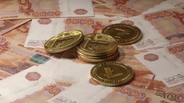 Lightcoins LTC rotating on bills of 5000 russian rubles. Worldwide virtual internet cryptocurrency. - Footage, Video