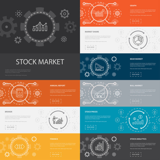 Börse Infografik 10-zeilige Symbole banners.broker, finance, graph, market share icons - Vektor, Bild