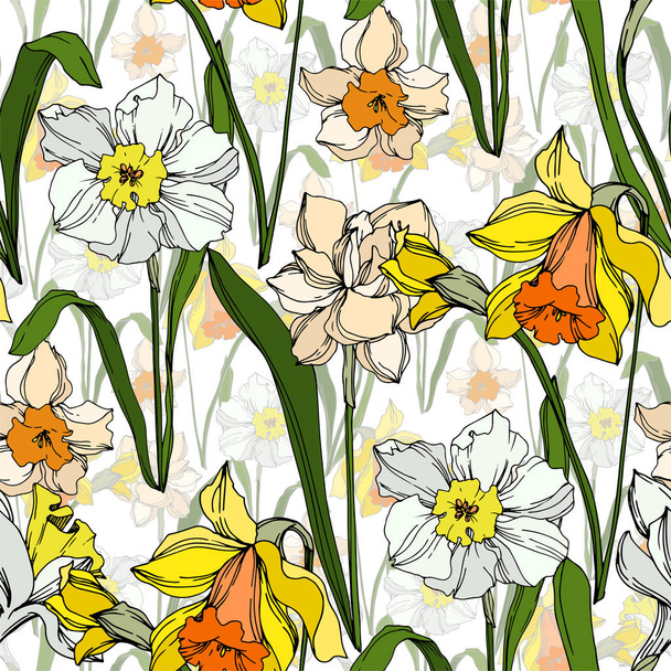 Vector Narcissus floral botanical flower. Black and white engraved ink art. Seamless background pattern. - Вектор, зображення