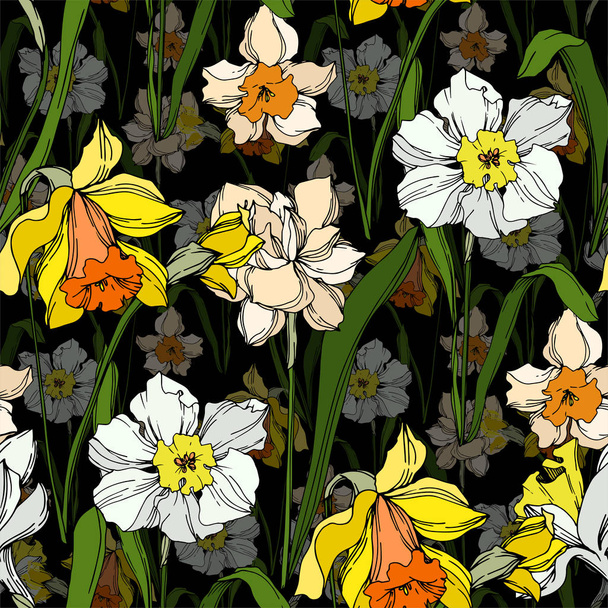 Vector Narcissus floral botanical flower. Black and white engraved ink art. Seamless background pattern. - Vector, afbeelding