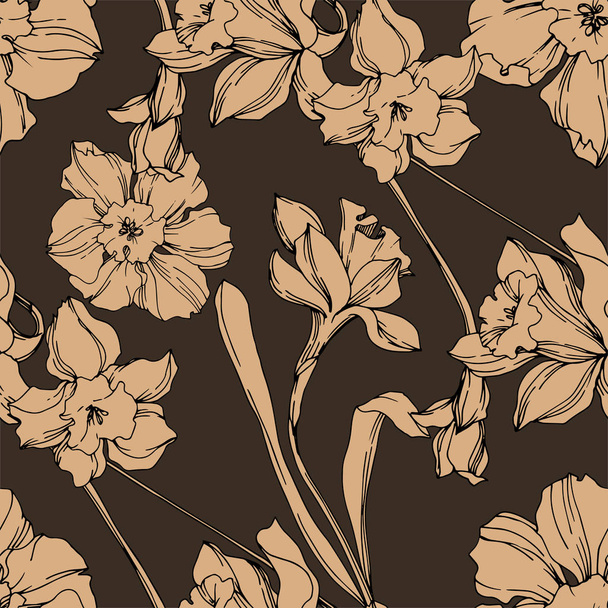 Vector Narcissus floral botanical flower. Black and white engraved ink art. Seamless background pattern. - Vector, imagen