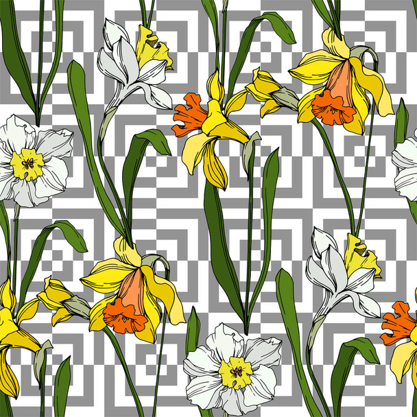 Vector Narcissus floral botanical flower. Black and white engraved ink art. Seamless background pattern. - Vector, Imagen