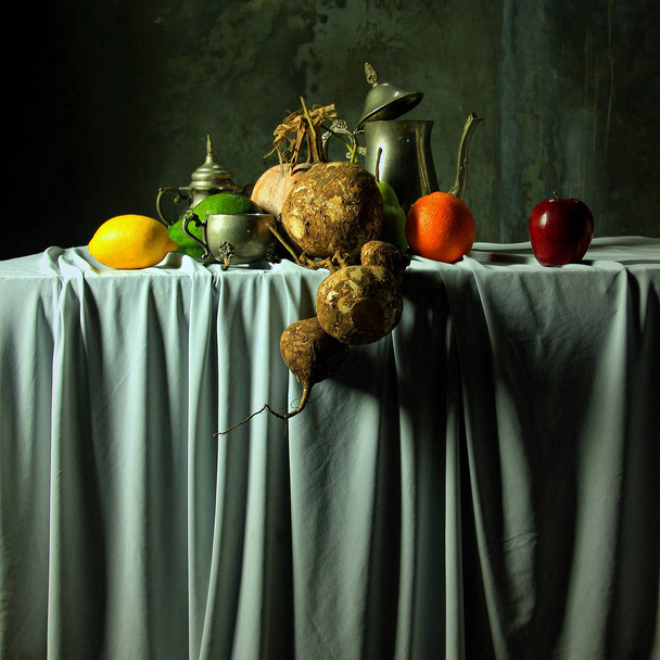  fruits and tea pot on table  - Photo, Image