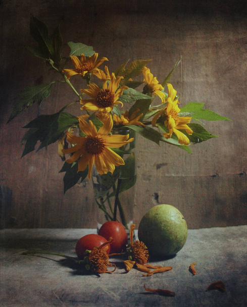yellow flowers and  fruits on  background - Photo, Image