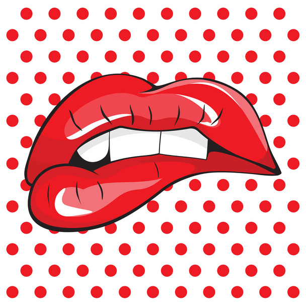 Biting her red lips teeth pop art - Vector, Image