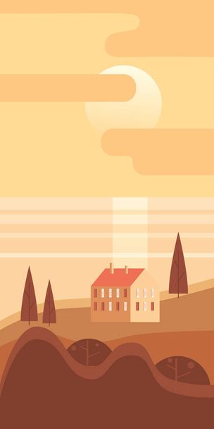 Autumn landscape rural suburban traditional building, hills and trees mountains sea ocean sun in trendy minimal geometric flat style. Vector, isolated vertical. Social media stories baner poster - Vector, Image