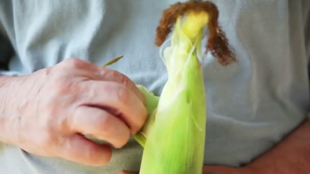 Senior bereitet Mais auf dem Maiskolben zu - Filmmaterial, Video