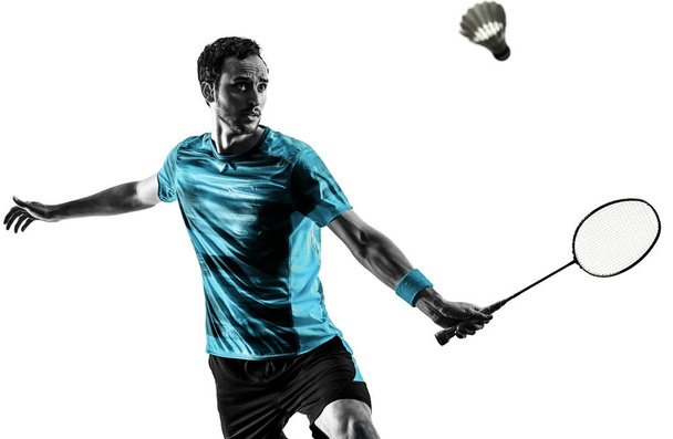 Badminton player man shadow silhouette isolated white background - Foto, Imagen