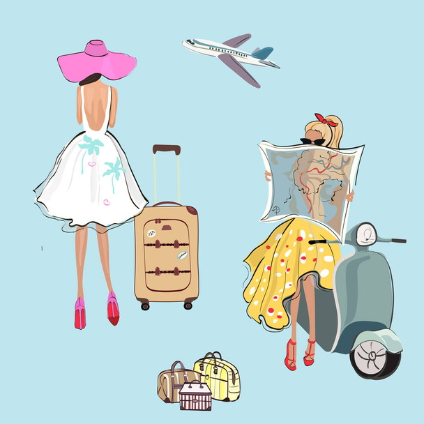 girls travel fashion stickers vector - Vector, Image