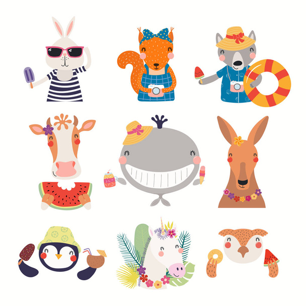 Big set with cute animals doing summer activities isolated on white background. Scandinavian style flat design. Concept children print. - Vector, Image