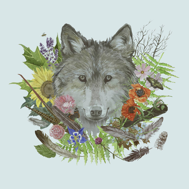 Hand drawn watercolor illustration with wolf head - 写真・画像