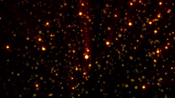 3D-rendering gouden deeltjes glinsteren en maken bokeh op een zwarte achtergrond. Computer gegenereerde abstracte achtergrond - Video