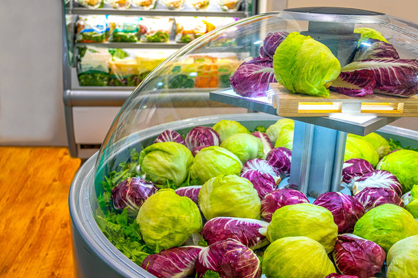 vegetable market refrigerator lettuce salad at supermarket - 写真・画像