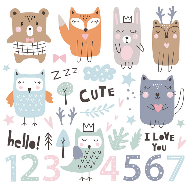 Set with cute  animals, numbers and dsign Elements. Kids party.  - Vektor, kép