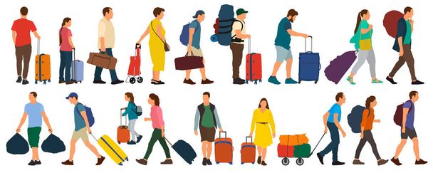 スーツケースのバッグとバックパックを持つ人々。観光客の群衆 - ベクター画像