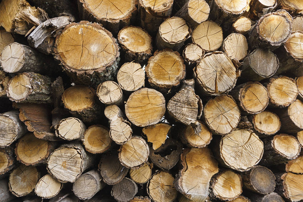 Brennholzstämme stapelten sich. Brennstoff für die Ofenheizung. Landleben. Holz Brennholz gestapelte Wand. Naturholzhintergrund. - Foto, Bild