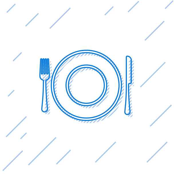 Blue line Plate, fork and knife icon isolated on white background. Cutlery symbol. Restaurant sign. Vector Illustration - Vector, Image