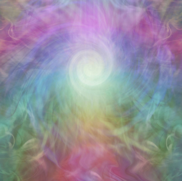 虹のエネルギーと白い渦の背景 - 虹色の渦エネルギーとコピースペースの多くに囲まれた光の白いスパイラル - 写真・画像