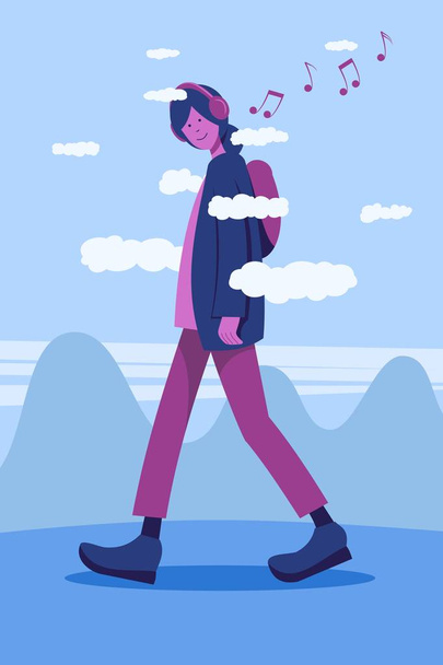 Una chica muy alta caminando entre las nubes escuchando música con auriculares sobre un fondo de colinas y cielo. Destacamento
. - Vector, imagen