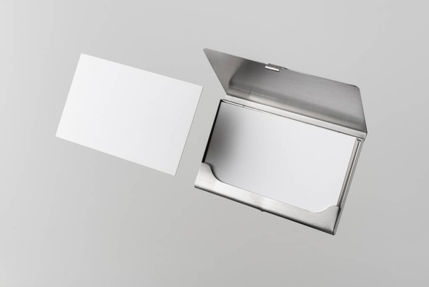 Stainless steel case for business cards isolated on white background for mockup. - Foto, Bild