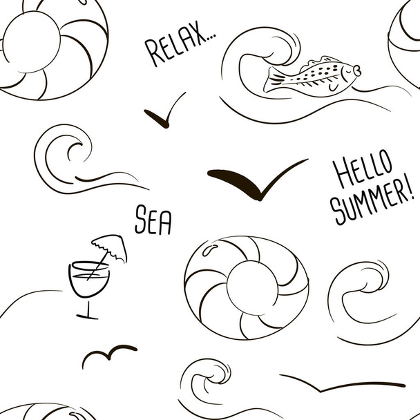 Hora de verão, padrão sem costura vetorial com gaivotas, peixes, coquetel e ondas, usando escova caligráfica preta
. - Vetor, Imagem