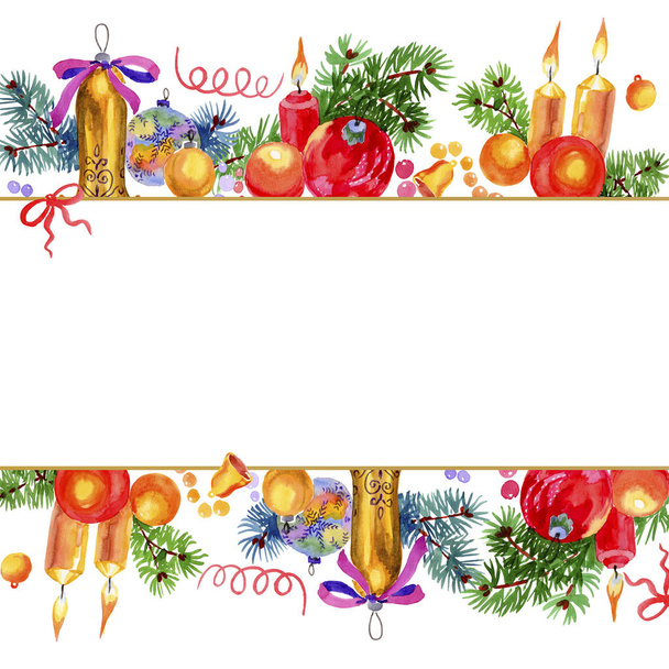 孤立した水彩画スタイルのクリスマス冬の休日のシンボル。アクエリアルクリスマスフレームボーダーオーナメントスクエア. - 写真・画像
