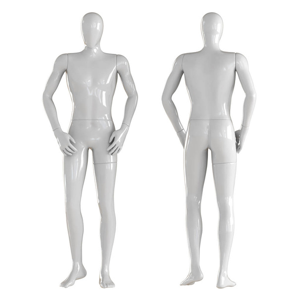 Dois manequins brancos sem rosto ficam de um lado para a frente, o outro de costas. Renderização 3D
 - Foto, Imagem
