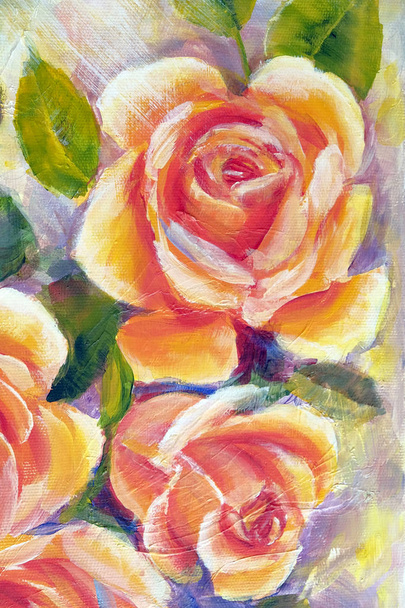 Bush of sunny roses, oil painting on canvas - Fotoğraf, Görsel