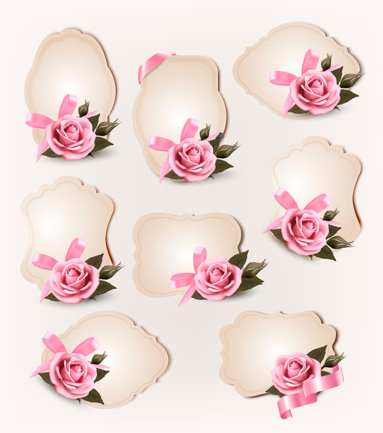 Collection of retro greeting cards with pink rose. Vector illust - Vektör, Görsel
