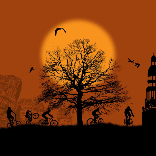 Silhouettes cyclistes au coucher du soleil
 - Vecteur, image