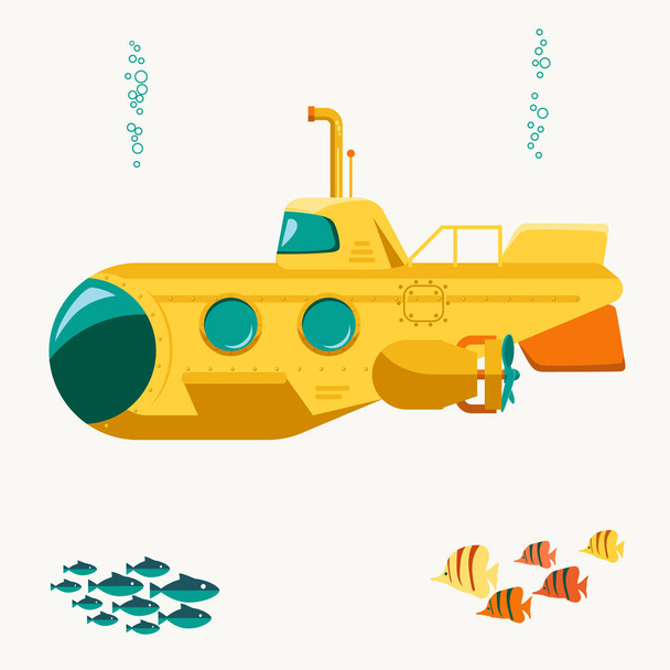 Bathyscaphe cartoon, Yellow Submarine sea research transport. Vector - Вектор, зображення