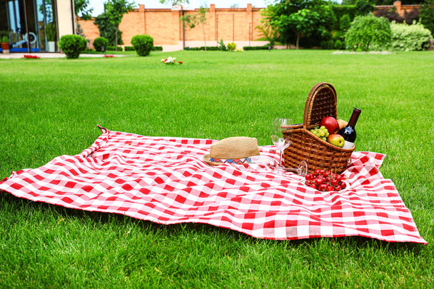 Picnic basket with fruits and bottle of wine on checkered blanket in garden - Photo, image