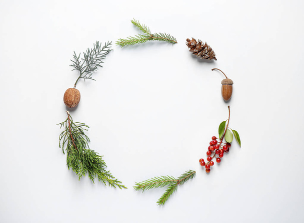 Flat lay composition with Christmas tree branches on white background. Space for text - Photo, Image